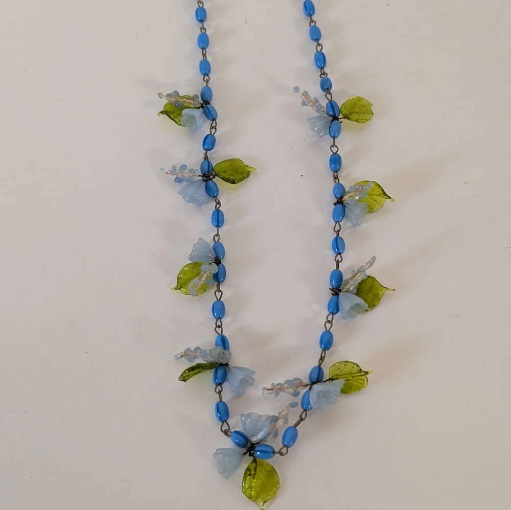 Vintage Murano Glass Necklace Blue Green Flower 1940s New Clasp